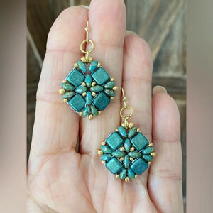 Handmade Unique Green & Gold Czech Glass Bead Earrings